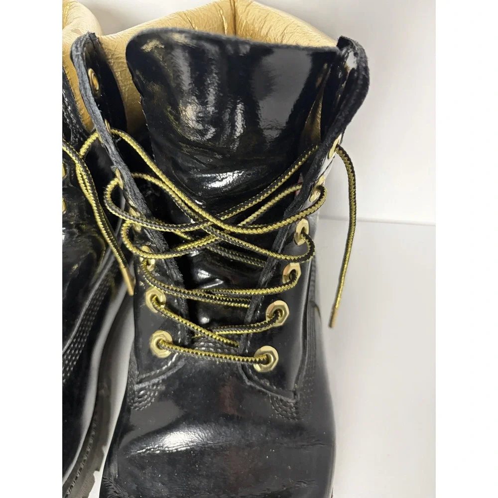 Timberland 6 Inch Boots Mens 10.5 Wide Black Patent Gold PrimaLoft 400g
